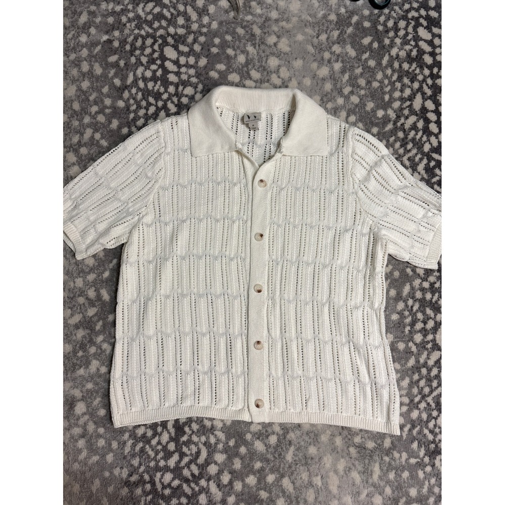 Worthington Women White Pointelle Knit Button Front Short Sleeve Polo Cardigan M
